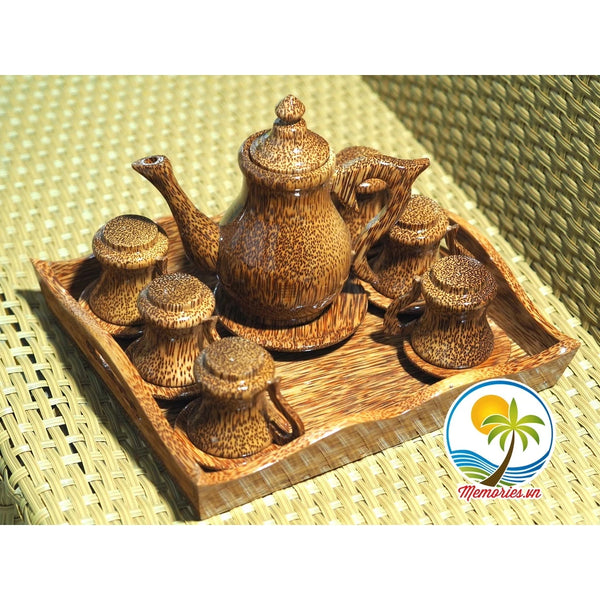 Bộ Bình Trà Gỗ Dừa Khay Chiếc Lá (1 Ấm Trà, 1 Đĩa Chiếc Lá, 6 ly)