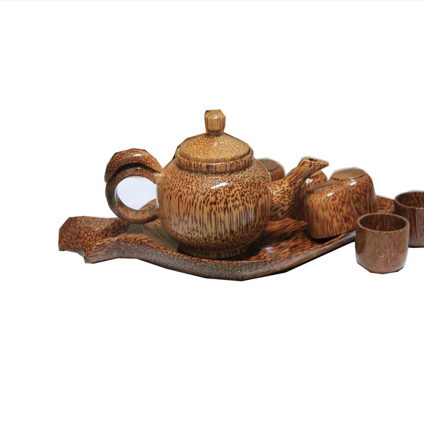 Bộ Bình Trà Gỗ Dừa Khay Chiếc Lá (1 Ấm Trà, 1 Đĩa Chiếc Lá, 6 ly)