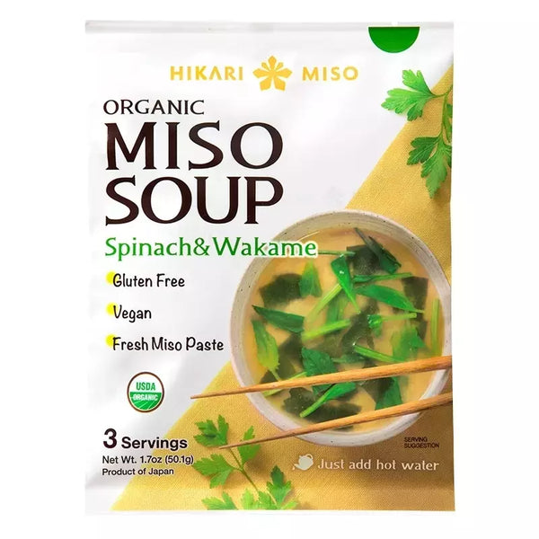 Hikari Miso - Súp Miso Hữu Cơ Rau Chân Vịt và Rong Biển Wakame 1.7oz (50.1g) x 1 gói.