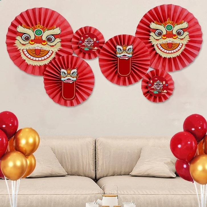Set 6 Quạt Giấy Tròn Đầu Lân Decor Trang Trí Lễ Tết