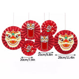 Set 6 Quạt Giấy Tròn Đầu Lân Decor Trang Trí Lễ Tết