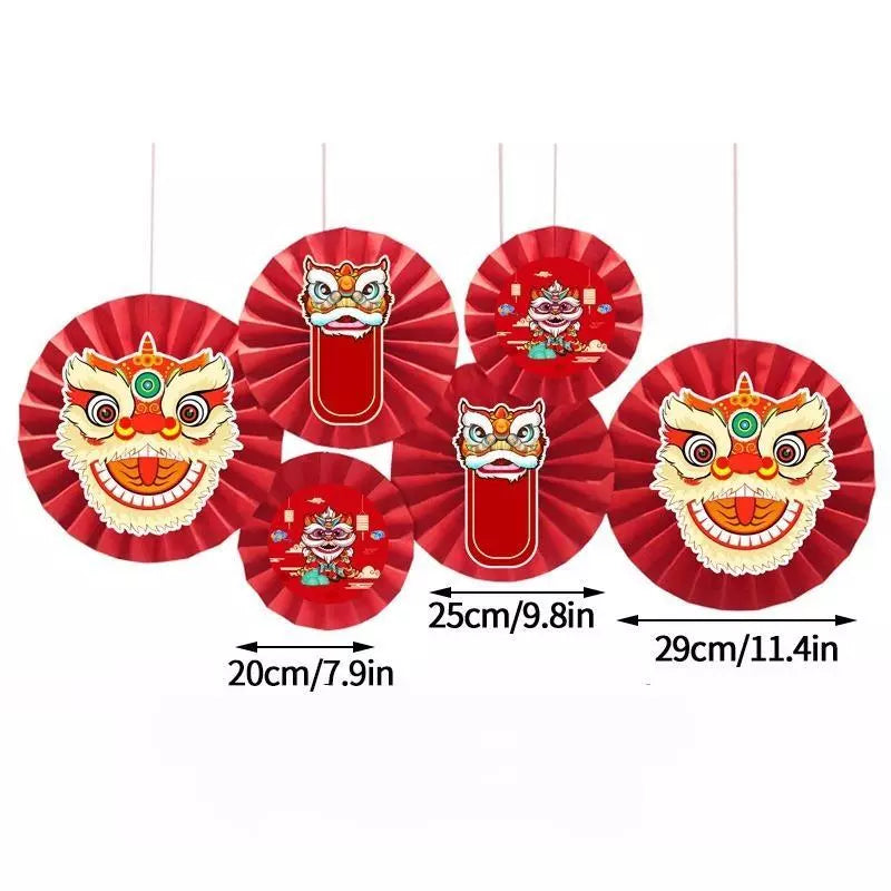 Set 6 Quạt Giấy Tròn Đầu Lân Decor Trang Trí Lễ Tết