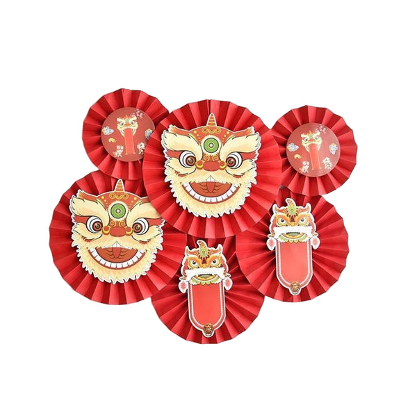 Set 6 Quạt Giấy Tròn Đầu Lân Decor Trang Trí Lễ Tết