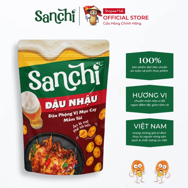 Combo 3 gói Đậu Phộng Vị Mực Cay Mắm Tỏi Sanchi 55g - Snack Ăn Vặt Đậu Phộng Hương Vị Thật, Đậm Đà, Giòn Tan
