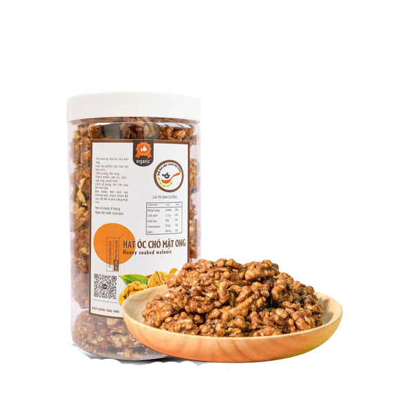 Hạt Óc Chó Tẩm Mật Ong Hộp 500g - Nhân Hạt Óc Chó Sấy Giòn Tẩm Mật Ong Ăn Liền