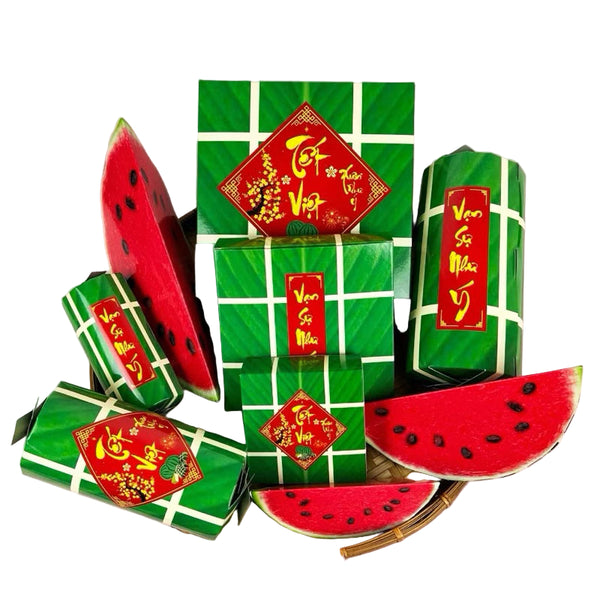 Set 9 Đồ Decor Trang Tri Tết Bằng Giấy Bánh Chưng, Bánh Tét, Dưa Hấu