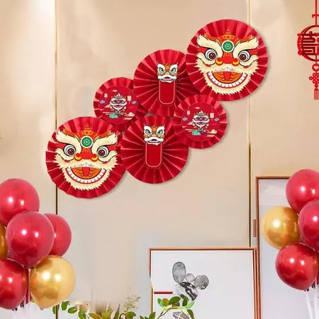 Set 6 Quạt Giấy Tròn Đầu Lân Decor Trang Trí Lễ Tết