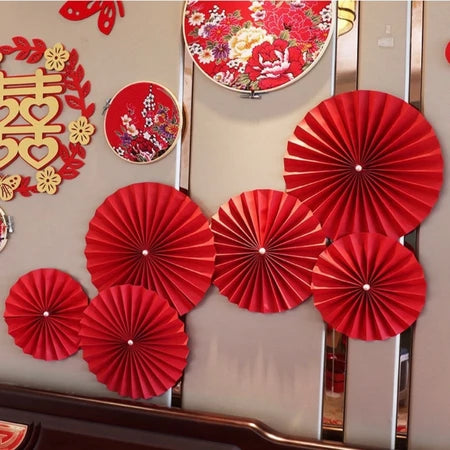 Set 6 Quạt Giấy Tròn Đầu Lân Decor Trang Trí Lễ Tết