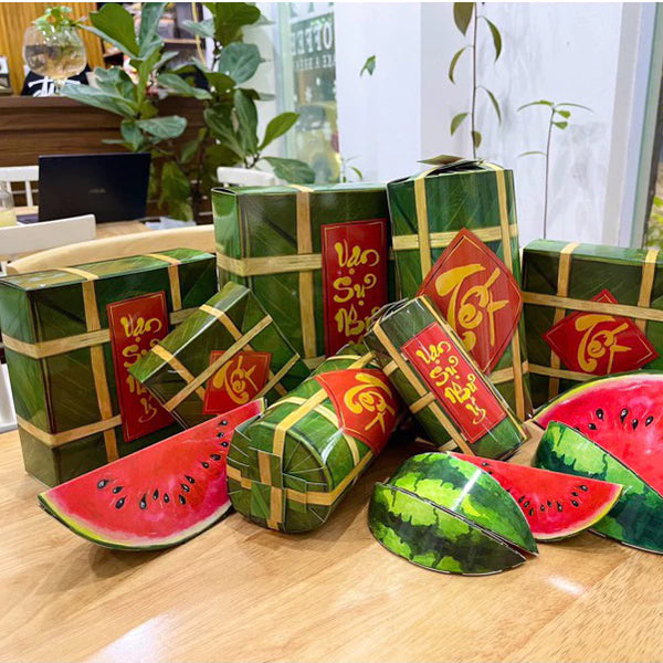 Set 9 Đồ Decor Trang Tri Tết Bằng Giấy Bánh Chưng, Bánh Tét, Dưa Hấu