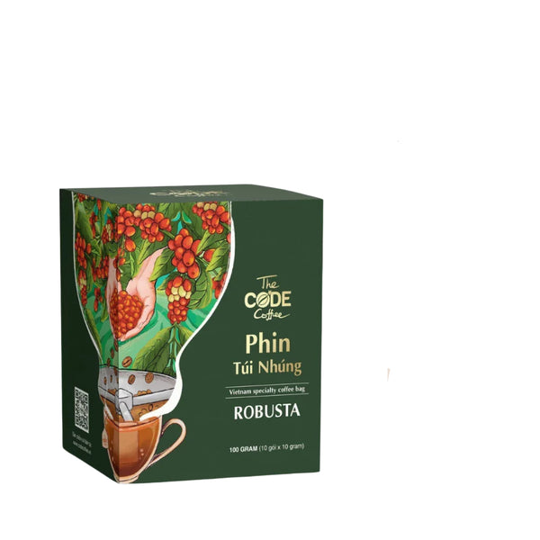 Cà phê túi nhúng Phin Robusta đặc sản - The Code Coffee - Hạt cafe Robusta rang xay, đầm vị 10 gói/ hộp coffee