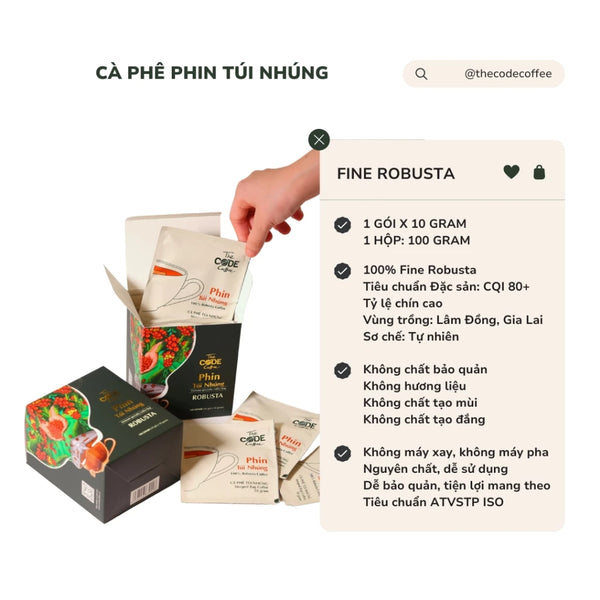 Cà phê túi nhúng Phin Robusta đặc sản - The Code Coffee - Hạt cafe Robusta rang xay, đầm vị 10 gói/ hộp coffee