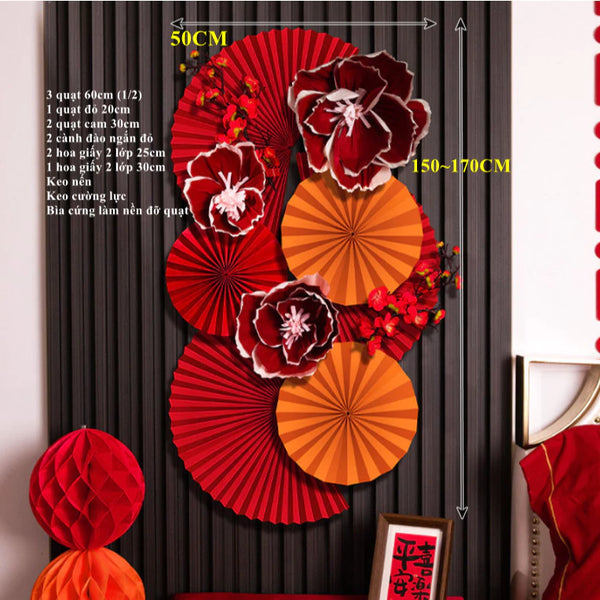 Set Vật Liệu Quạt Kèm Hoa Giấy Trang Trí Decor Tết