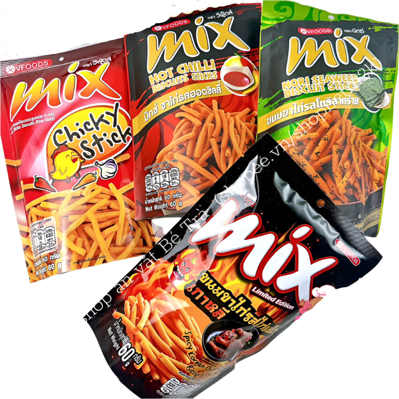 Snack tăm que cay Mix Hot Chilli Thái Lan, bim tăm que Vfoods (gói 60g – Tạp Hóa Tân Bình