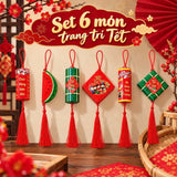 Set 6 Món Tag Treo Tết 2027 Bánh Chưng Dưa Hấu Hoa Mai Hoa Đào Quất