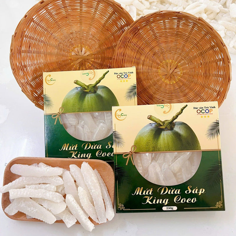 Mứt dừa sáp sữa chính gốc Trà Vinh KING COCO (Loại Thượng hạng To dài) Hộp 250g