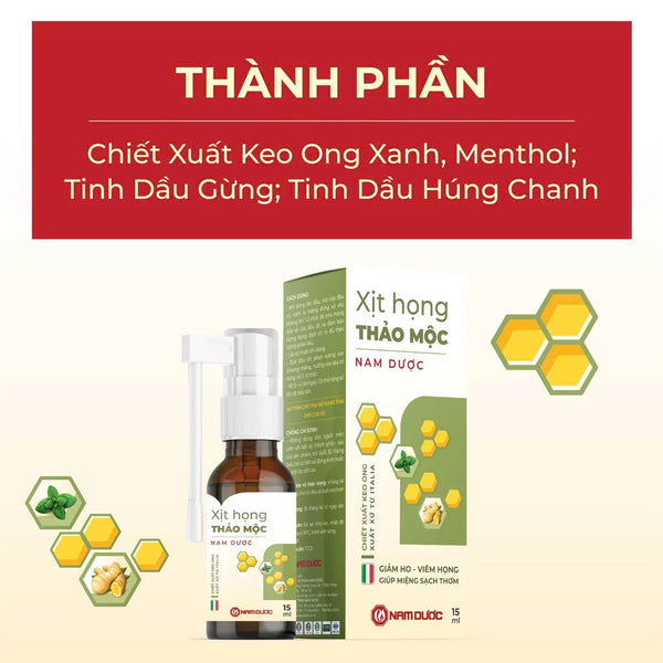 Xịt họng thảo mộc Nam Dược hỗ trợ giảm ho, giảm đau rát họng, long đờm, giảm khản tiếng, làm thơm miệng chai 15 ml