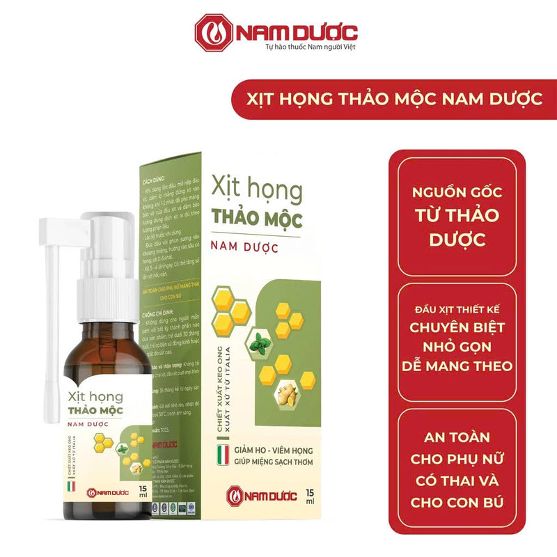 Xịt họng thảo mộc Nam Dược hỗ trợ giảm ho, giảm đau rát họng, long đờm, giảm khản tiếng, làm thơm miệng chai 15 ml